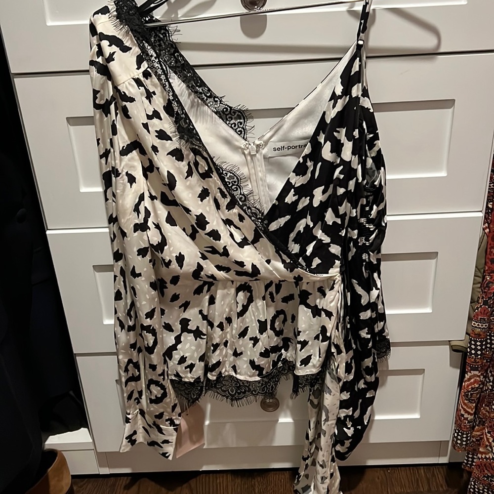 Self Portrait Leopard Printed Wrap Top in Cream/Black with Lace Detail - NWT
